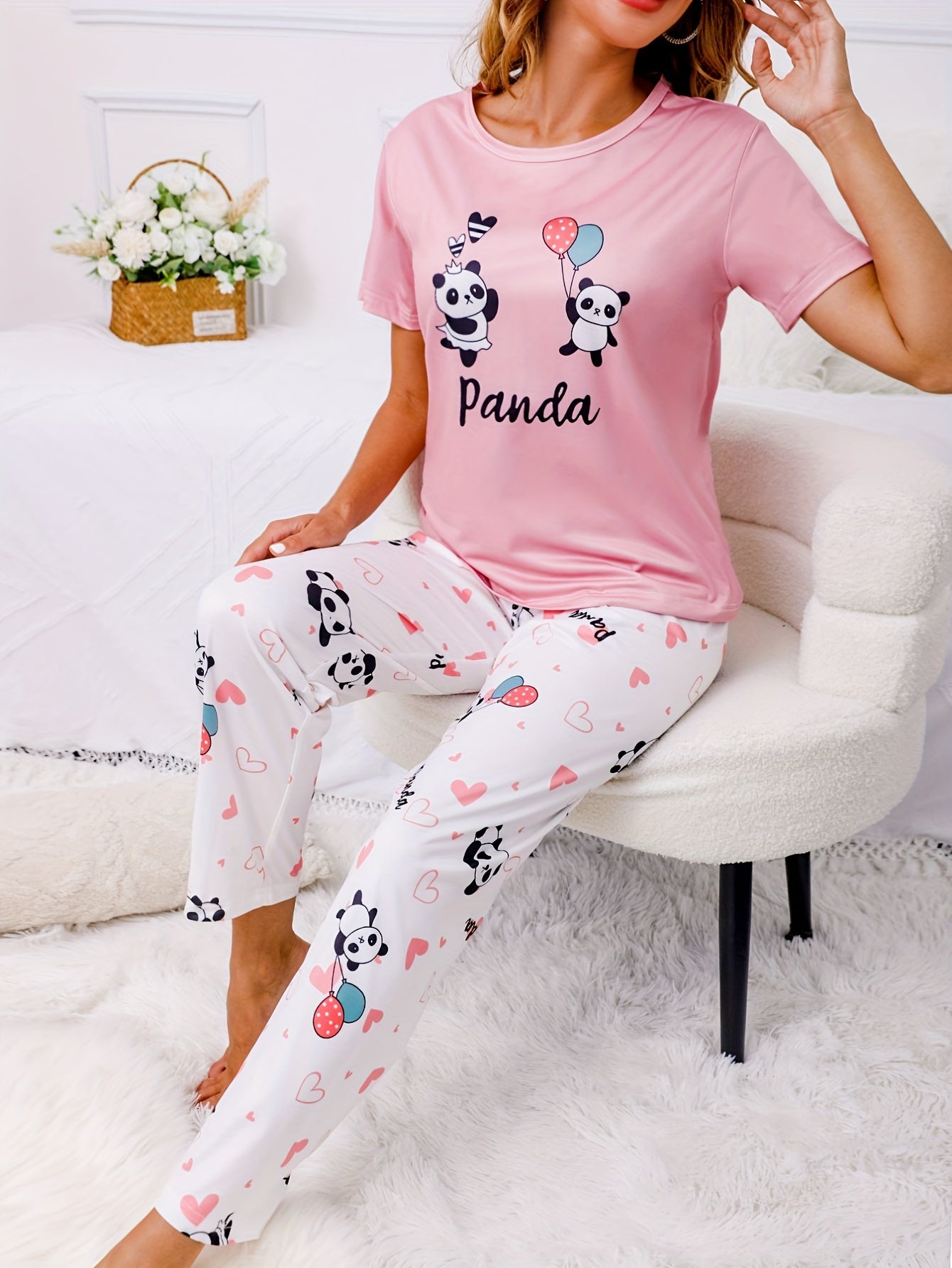 Panda Print Pajama Set Short Sleeve Top & Pants Women's Sleepwear & Loungewear