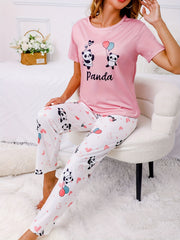 Panda Print Pajama Set Short Sleeve Top & Pants Women's Sleepwear & Loungewear