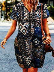 Geometric Print Short Sleeve V Neck Stretch Dress