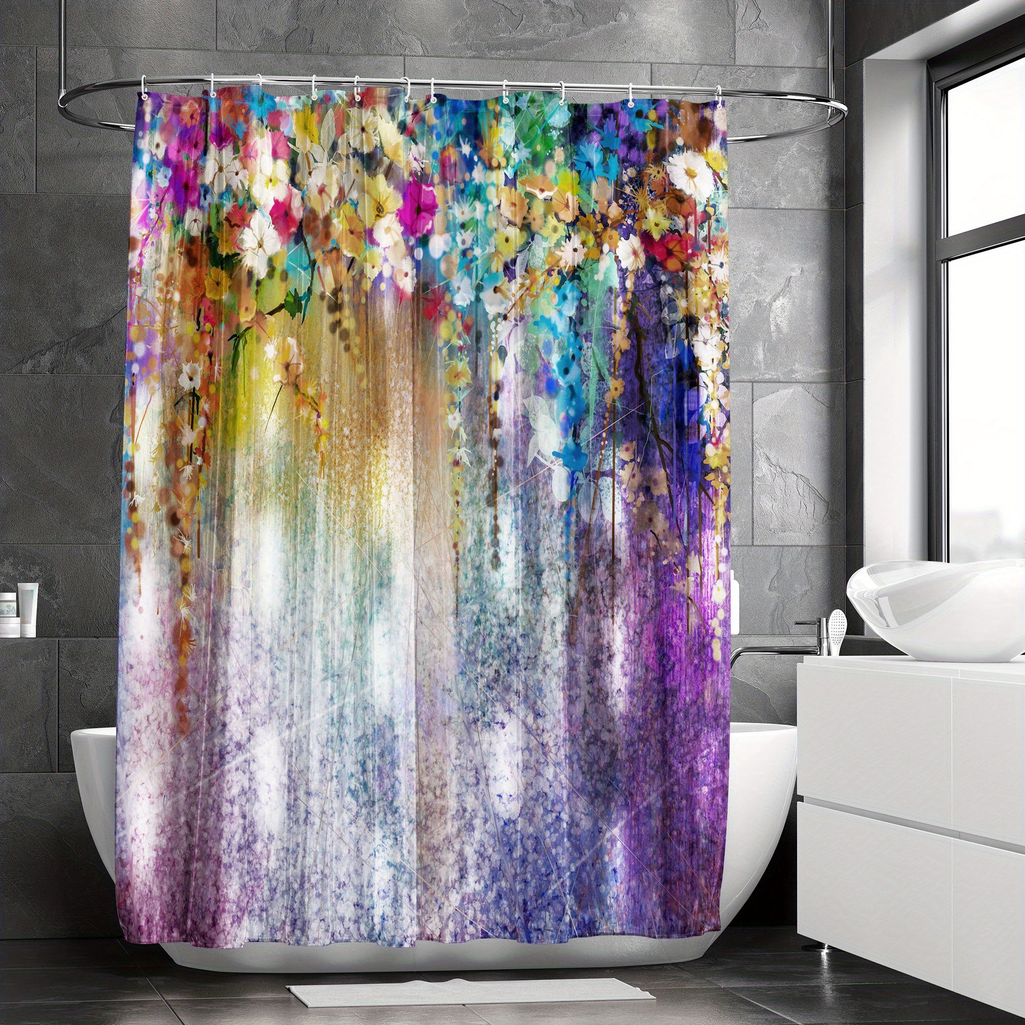 Colorful Floral Shower Curtain Waterproof Fabric Bath Curtain