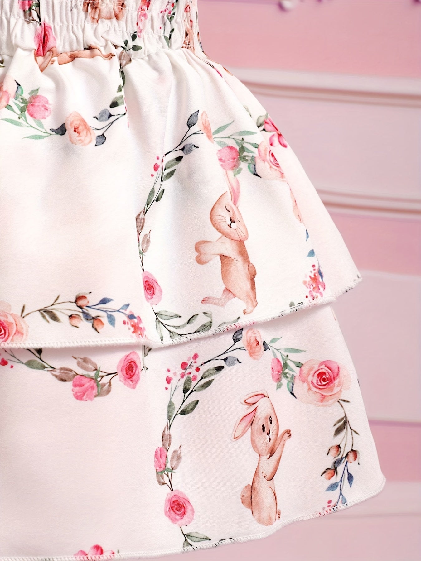 Cute Bunny & Flower Print Puffy Cami Gown Dress