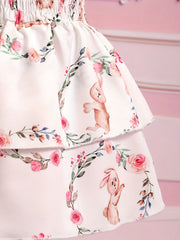 Cute Bunny & Flower Print Puffy Cami Gown Dress