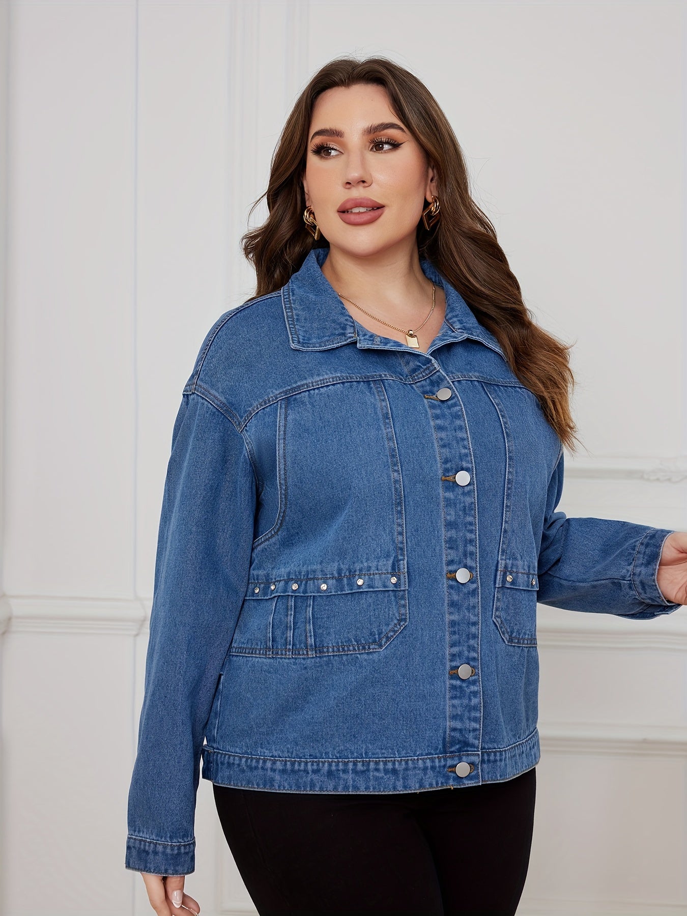 Denim Top Women's Solid Pipping Button Up Long Sleeve Jacket