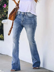 Washed Button Fly Stretch Flared Leg Jeans