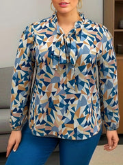 Casual Blouse Women's Plus Geometric Print Lantern Sleeve Tie Front