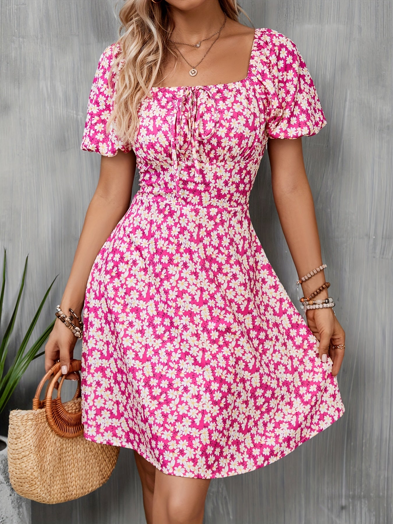 Floral Print Square Neck Dress Short Sleeve Spring Summer Women's Clothing