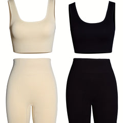 4pcs Women's Seamless Backless Tank Sport Bra & High Waist Shorts Set