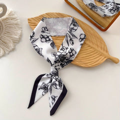 Flower Print Satin Twilly Scarf Long Neck Ribbon for Women