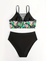 Tropical Print Cut Out V Neck Cami Top & Underwear Swimsuit Set