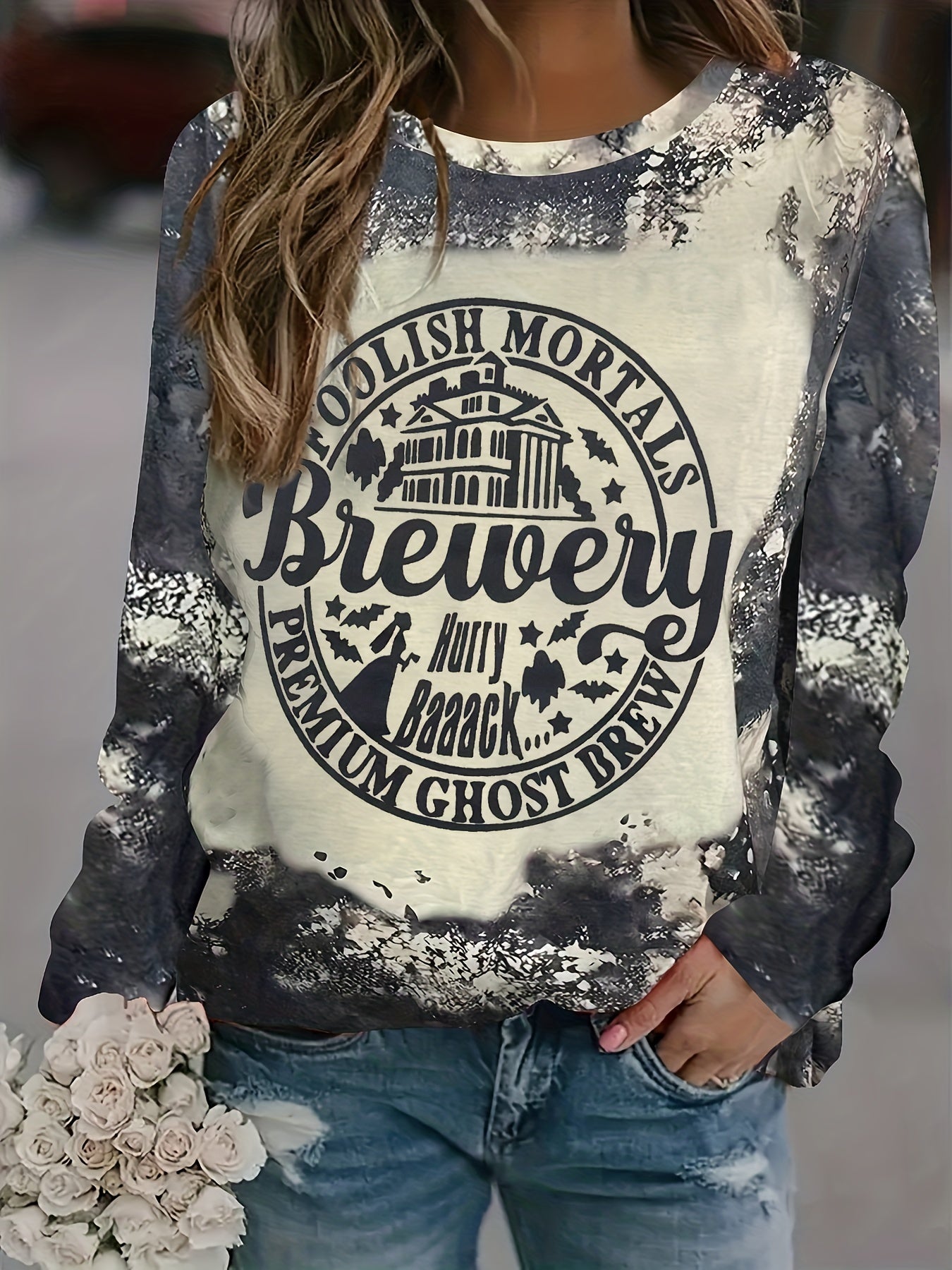 Dancing Skull Print Sweatshirt Crew Neck Long Sleeve Halloween Sweatshirt