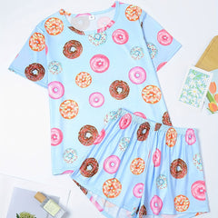 Donut Print Pajamas Set Short Sleeve Crew Neck Top & Shorts Women's Sleepwear