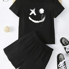 Boys Smile Face Print T Shirt & Sport Shorts Set - Summer Kids Clothing