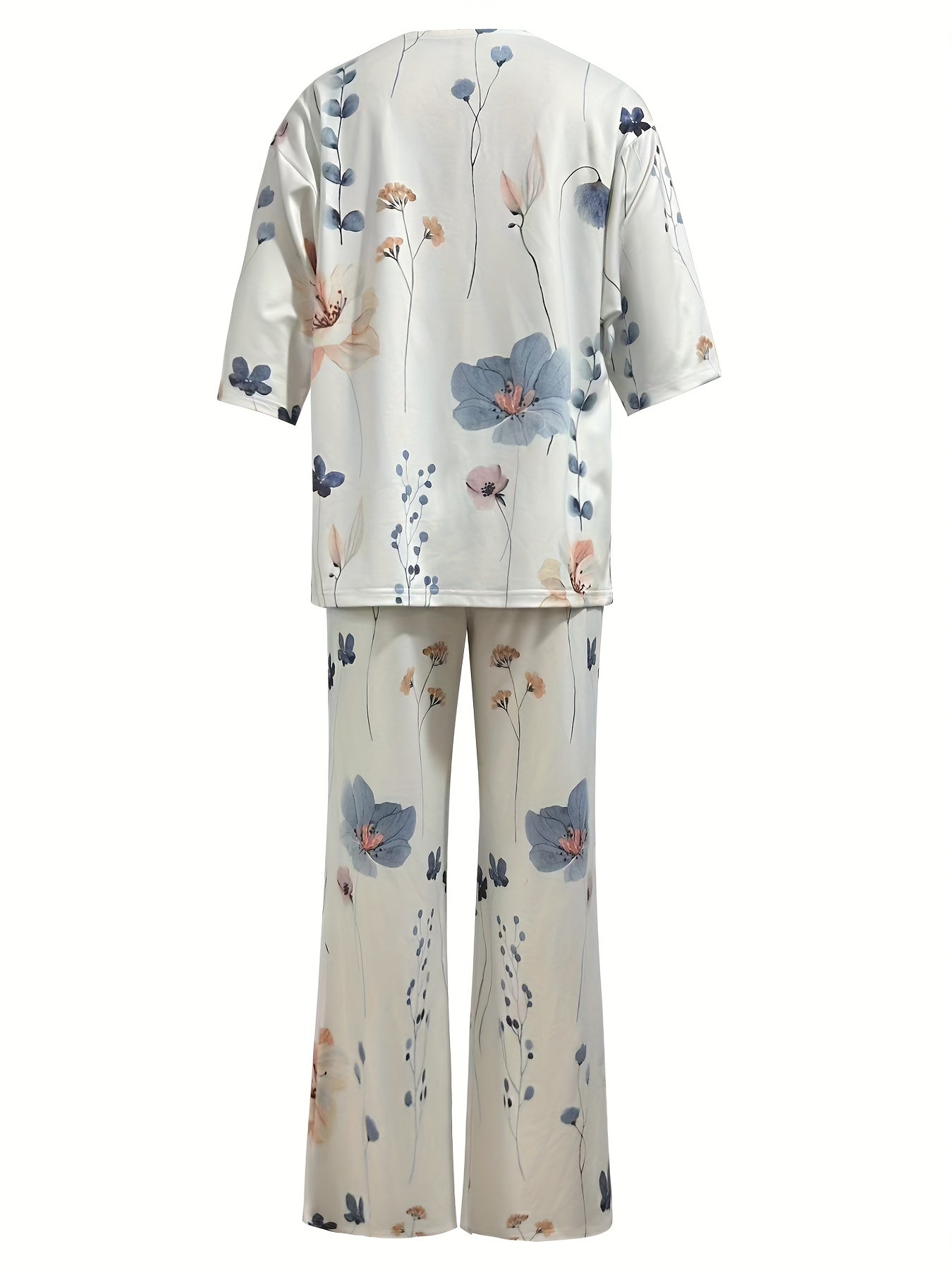Floral Print Two piece Set V Neck Half Sleeve Tops & Wide Leg Pants