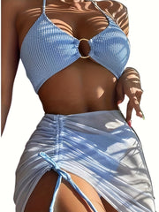 Textured Bikini Set & Lace Up Mini Skirt Swimsuit