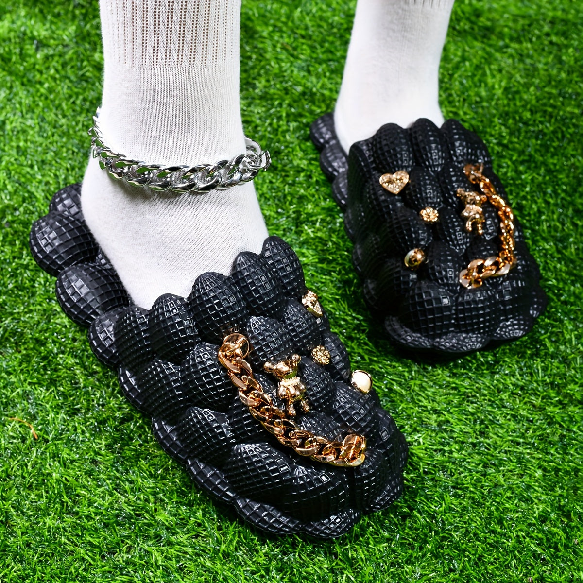 Women's Bubble Slippers With Golden Chain Soft Comfortable Outdoor Slippers