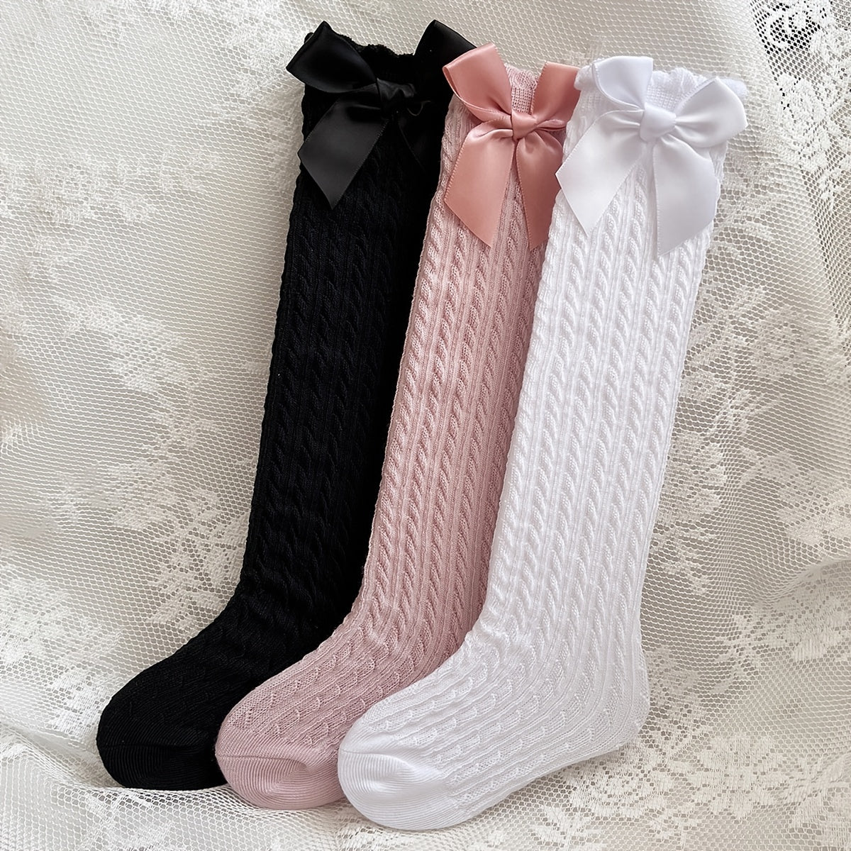 3 Pairs Girls Cable Knit Bow Knee High Socks Long Uniform Stockings