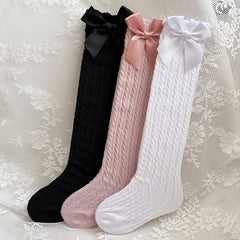3 Pairs Girls Cable Knit Bow Knee High Socks Long Uniform Stockings