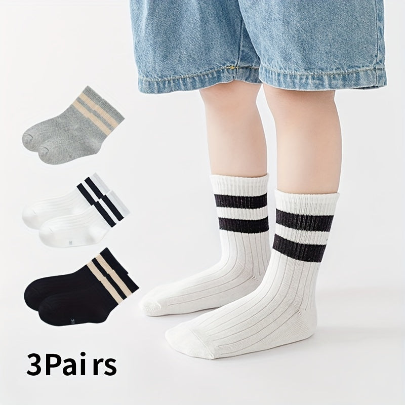 3Pairs Children's Unisex Striped Crew Socks Odor Proof Breathable Student Socks