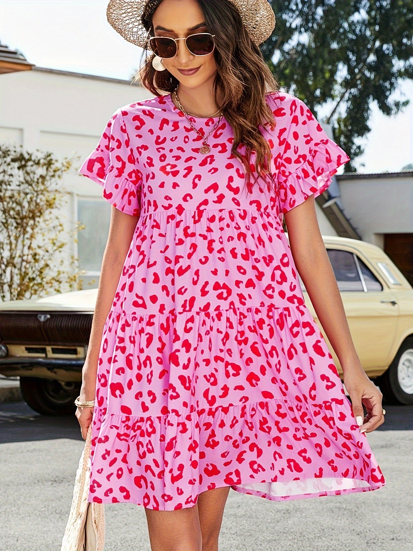 Ditsy Print Short Sleeve Round Neck Mini Smock Dress