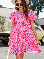 Ditsy Print Short Sleeve Round Neck Mini Smock Dress