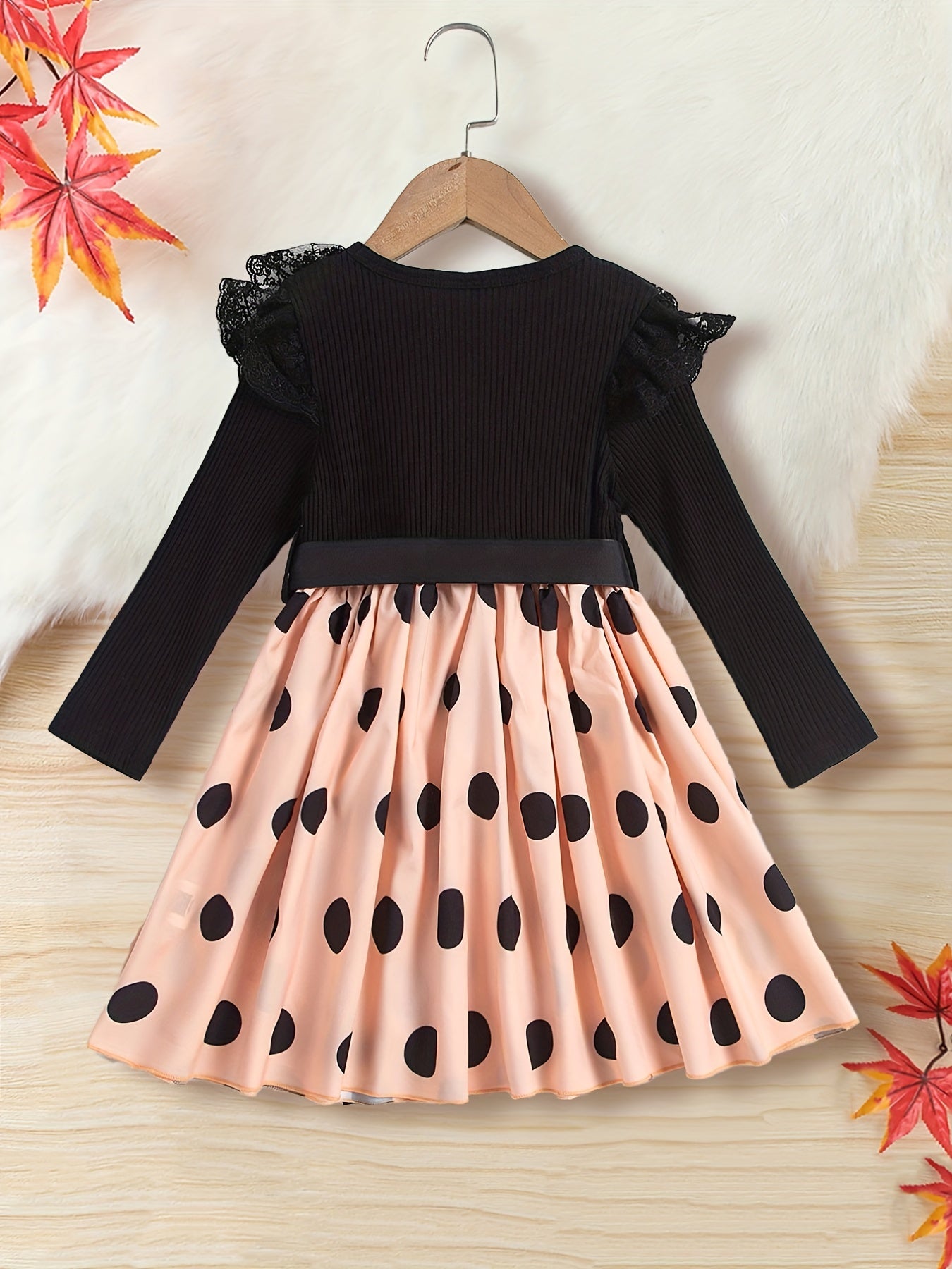 Girls' Lace Polka Dot Dress Long Sleeve Crew Neck Stretch Fit