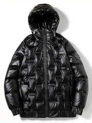 Men's Lightweight Hooded PU Puffer Jacket for Winter