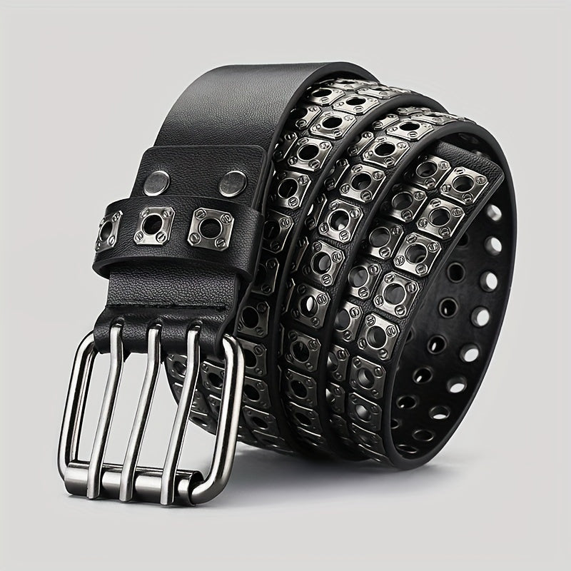 Men's Square Rivet Belt Hip Hop Rock Punk Y2K Style Double Row Pin Buckle Jeans