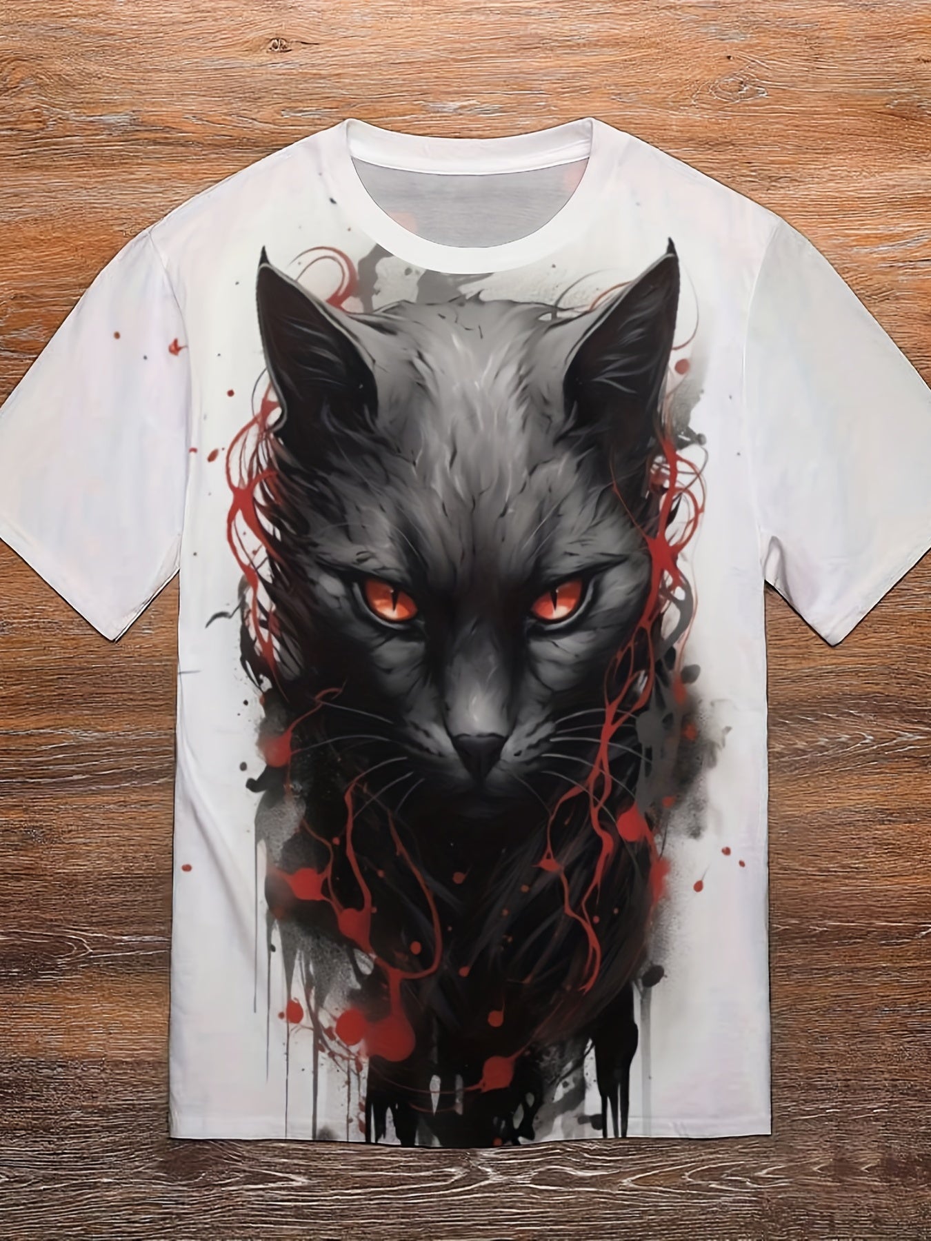 Men's Cat Print T-shirt Comfy Stretch Crew Neck Tee