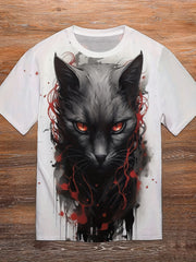 Men's Cat Print T-shirt Comfy Stretch Crew Neck Tee