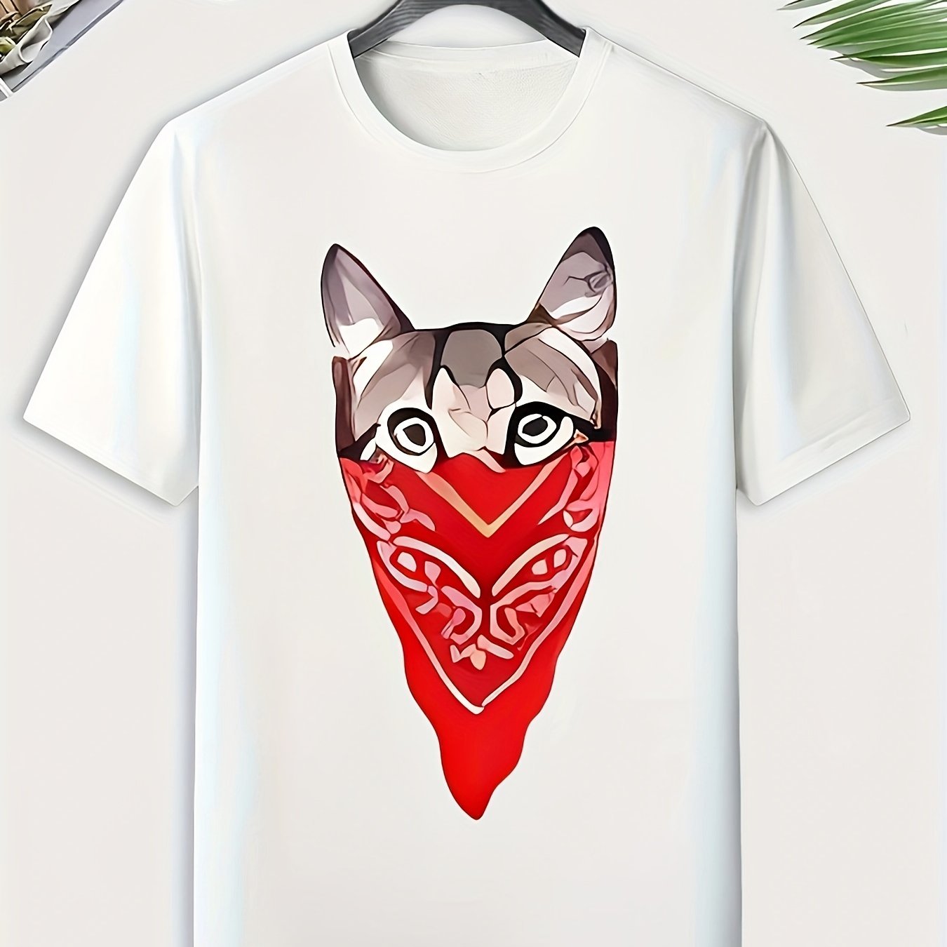 Men's Masked Cat Print Comfy Stretch Tee for Summer