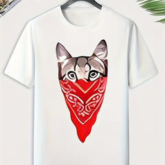 Men's Masked Cat Print Comfy Stretch Tee for Summer