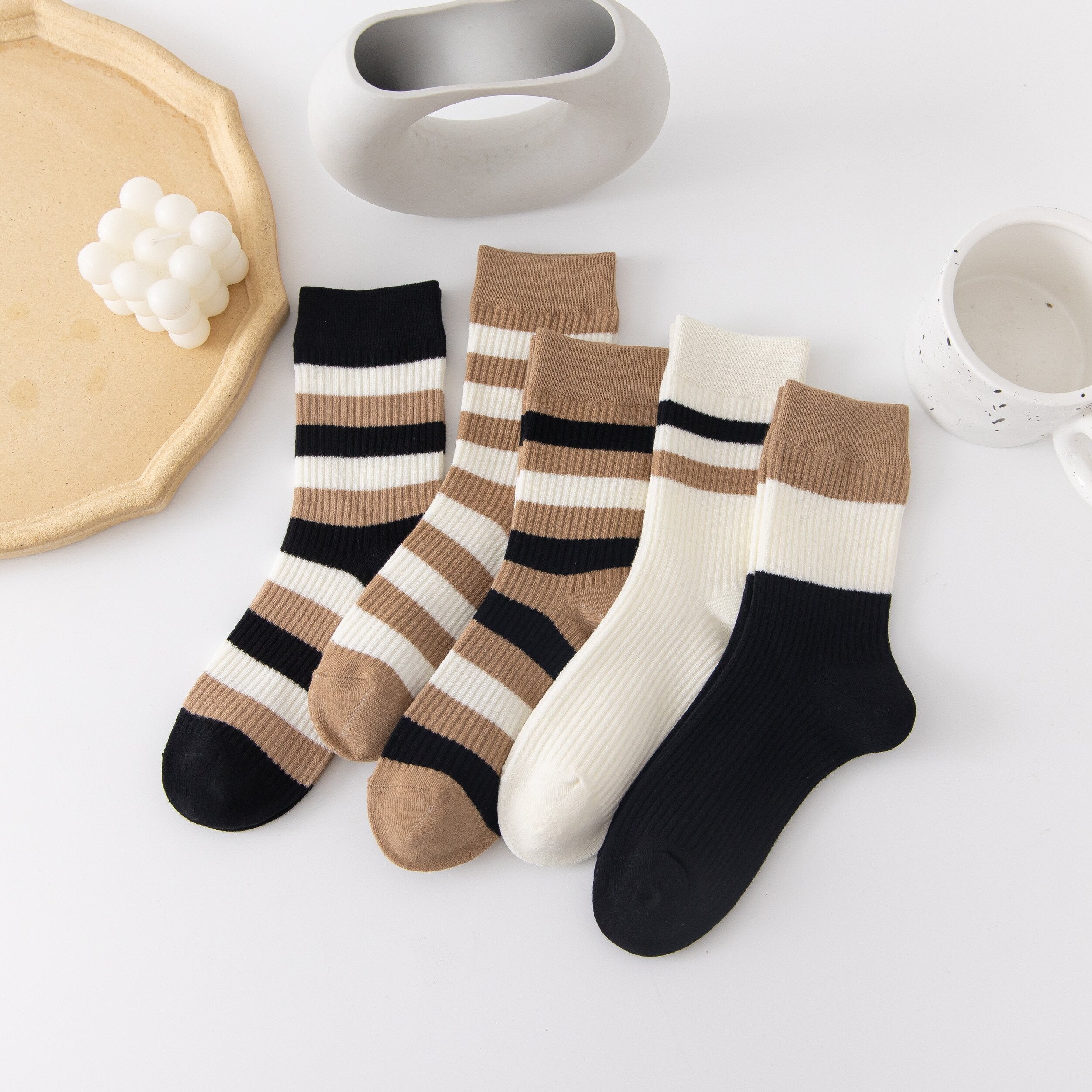 5 Pairs Striped Crew Socks Comfy & Breathable All match Socks