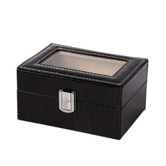 3 Slot PU Leather Watch Box Display with Lock Glass Top Jewelry Storage