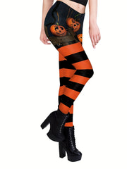 Halloween Pumpkin Print Skinny Leggings Women's Clothing