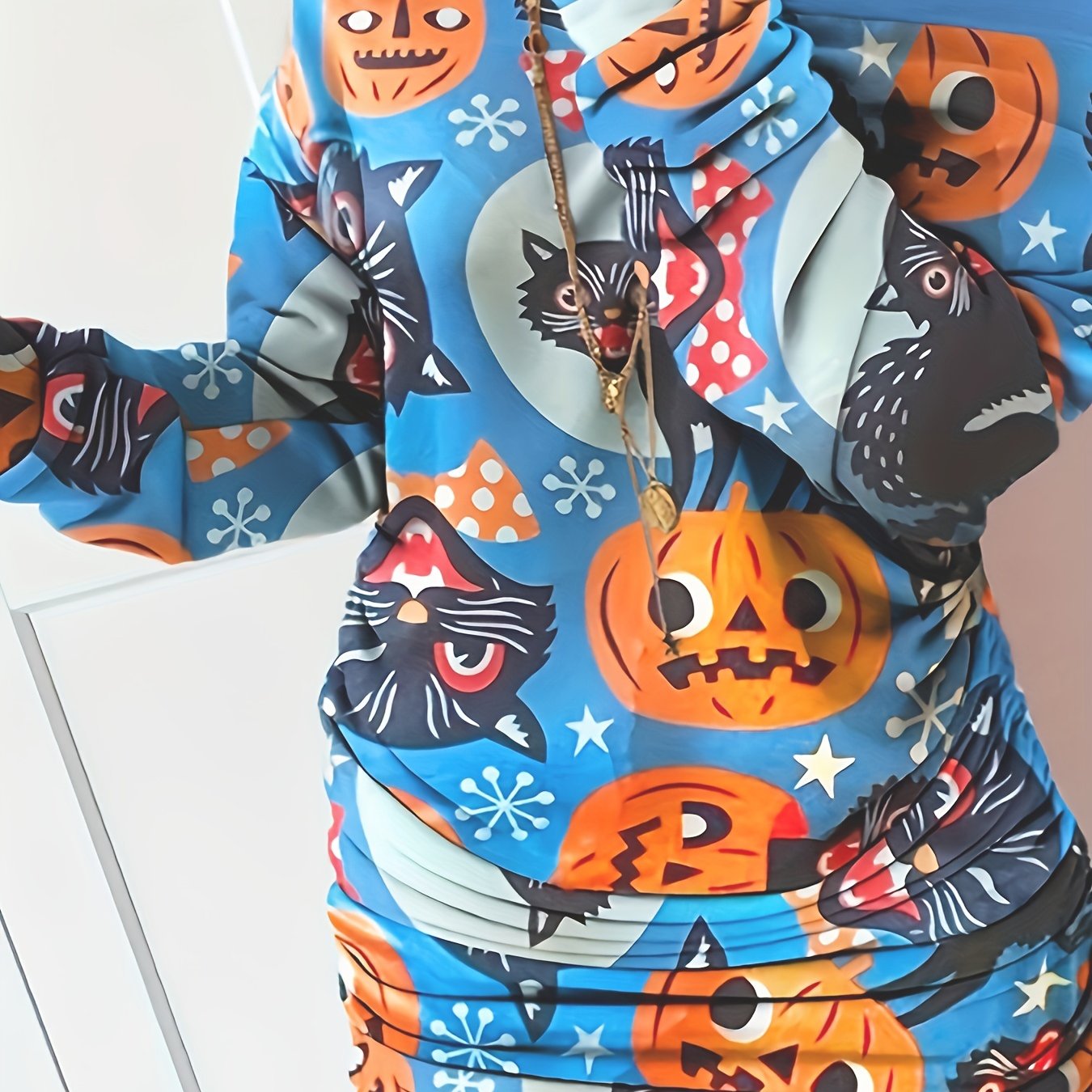 Pumpkin Print Long Sleeve Casual Dress
