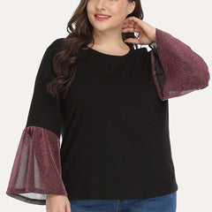 Colorblock Glitter Bell Sleeve Round Neck Top
