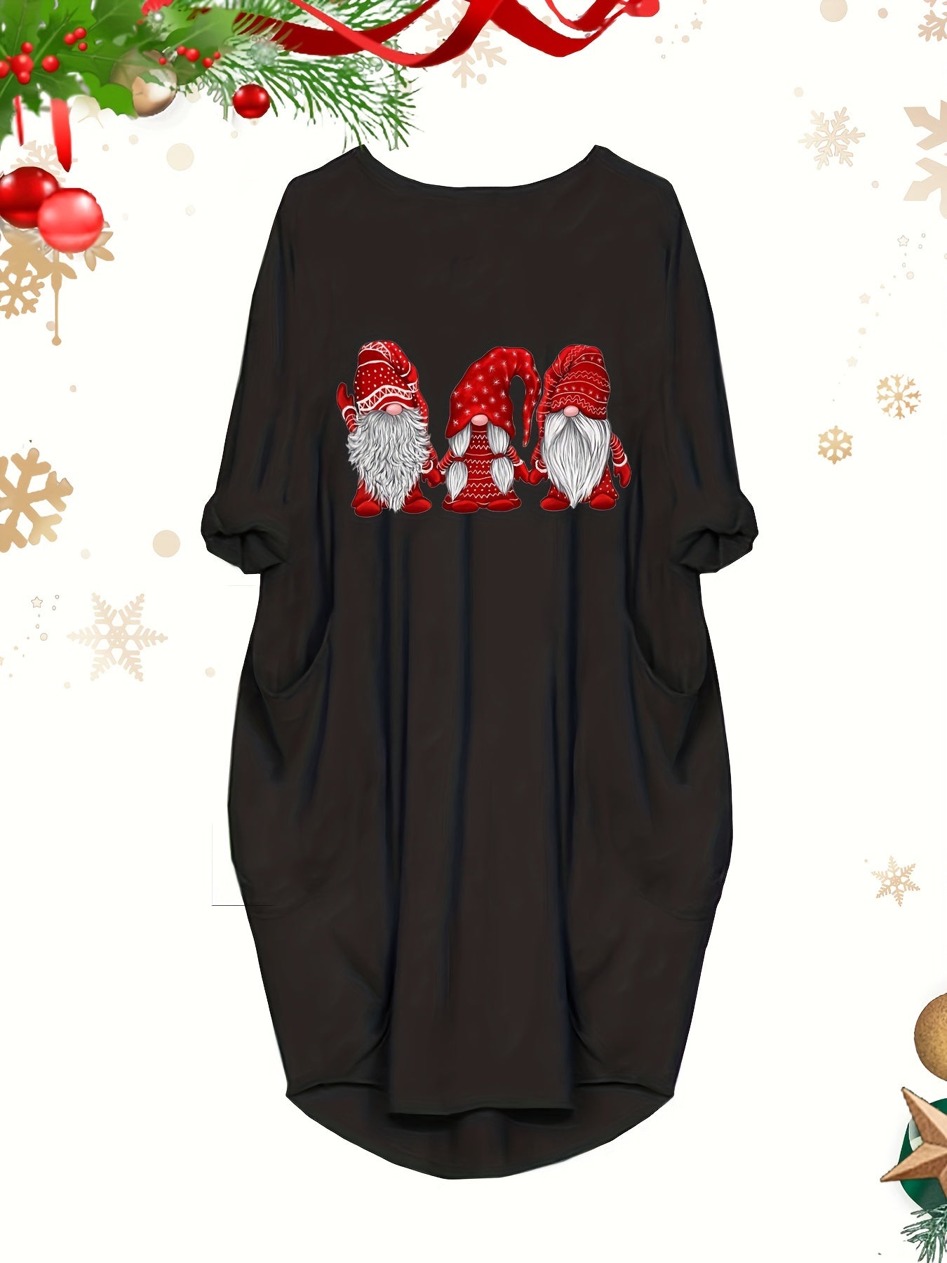 Women's Plus Dwarf Print Long Sleeve Loose Fit Dress