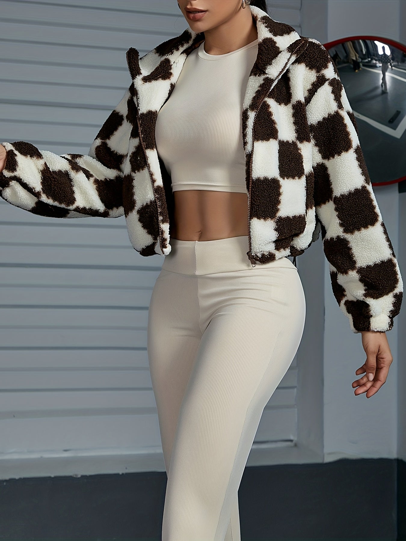 Checkerboard Print Teddy Jacket Zip Up High Neck Warm Outerwear