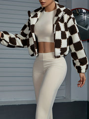 Checkerboard Print Teddy Jacket Zip Up High Neck Warm Outerwear