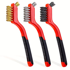 3-Piece Wire Brush Set Curved Handle Red 7 Inches
