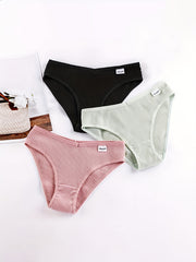 3 Pcs Solid Ribbed Briefs Seamless Stretch Panties Women's Lingerie