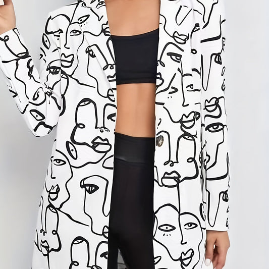 Abstract Figure Print Blazer Long Sleeve Lapel Collar
