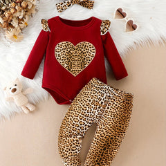 3pcs Baby Girls Embroidered Leopard Love Creeper Top
