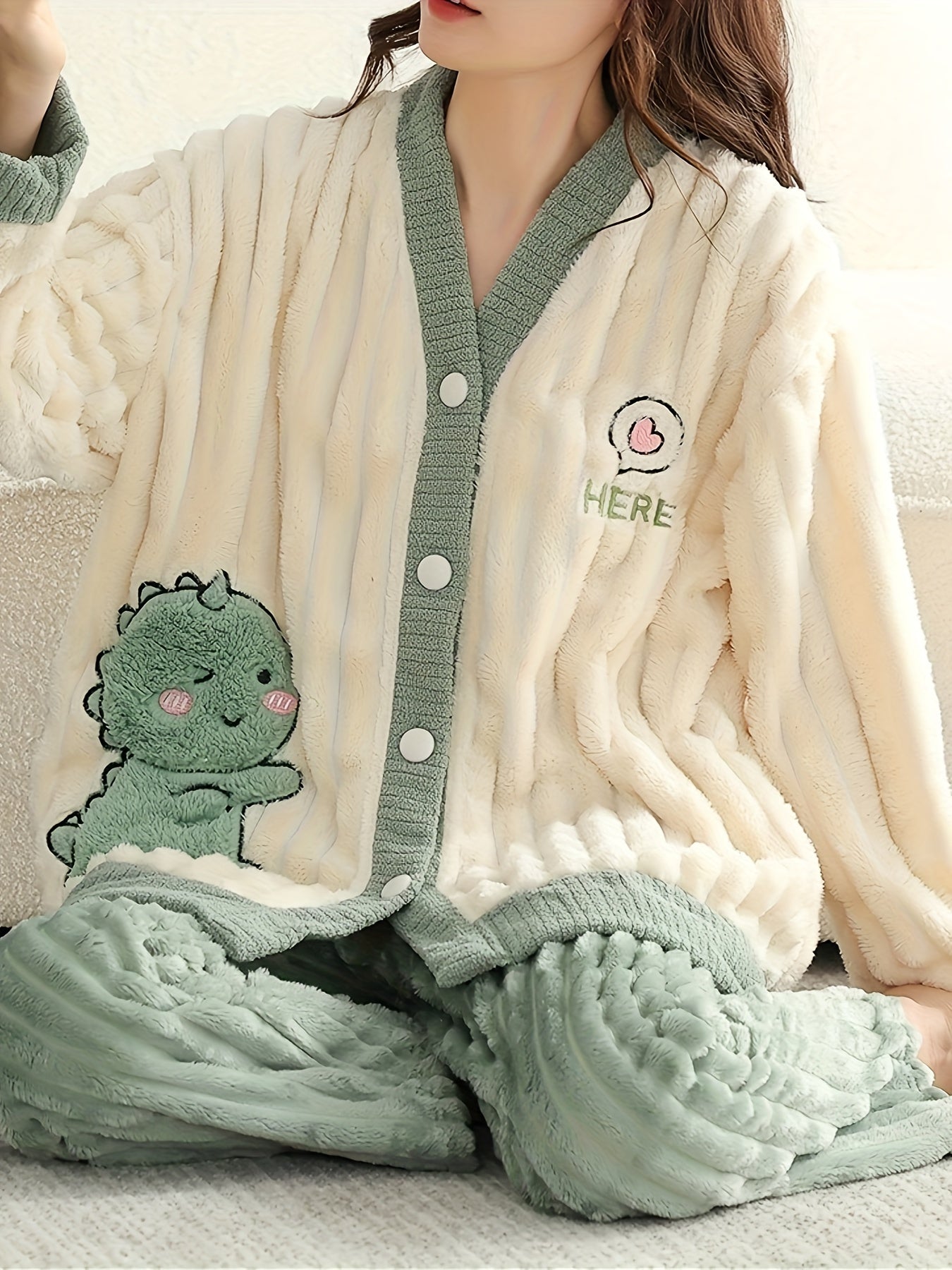 Cartoon Print Plush Pajamas Soft & Warm Women's Sleepwear