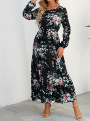 Floral Print Crew Neck Dress Long Sleeve for Spring & Fall
