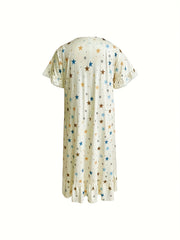 Star Print Lounge Dress with Ruffle Trim