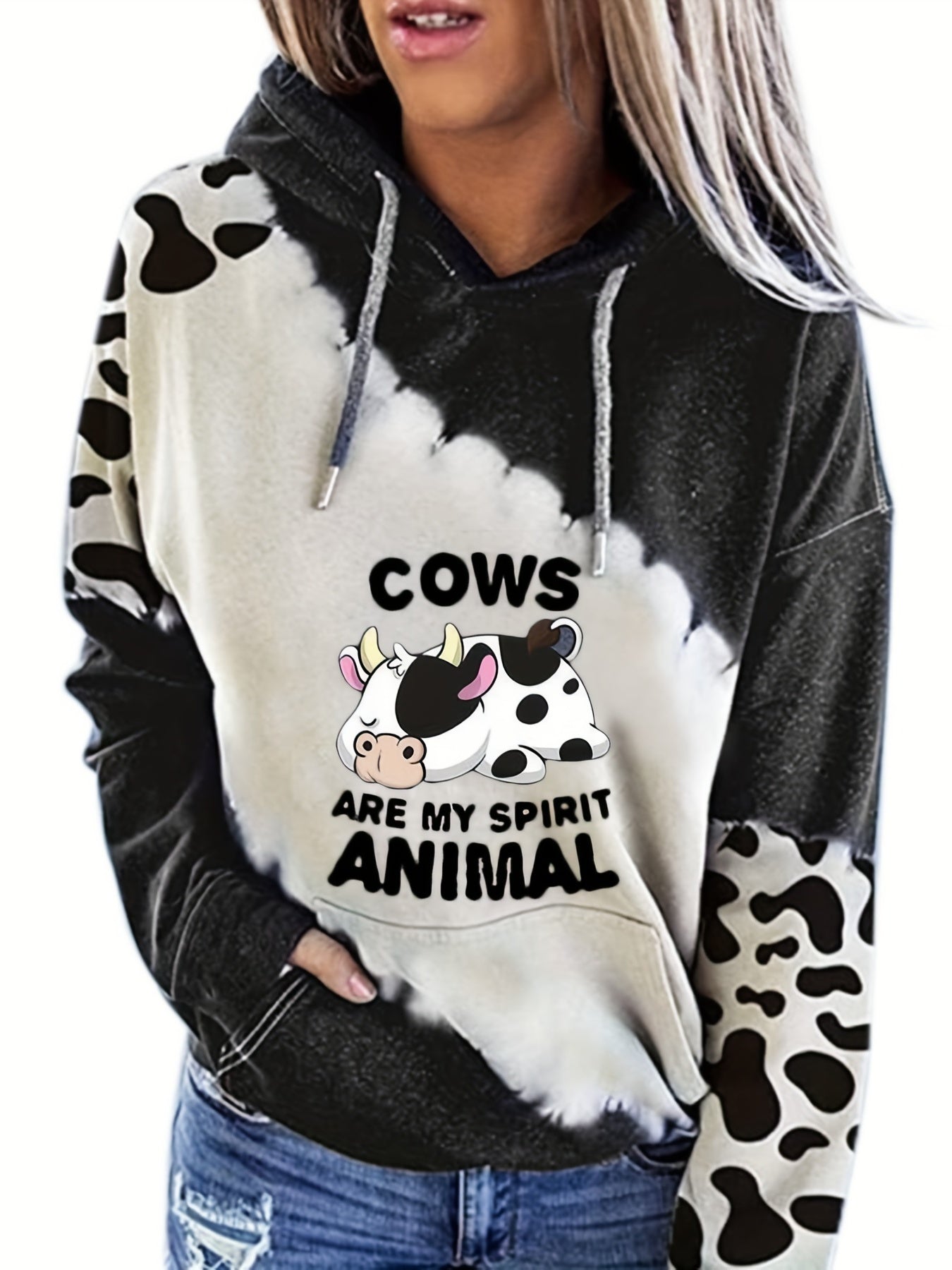 Cow Print Kangaroo Pocket Hoodie Long Sleeve Hoodies Sweatshirt