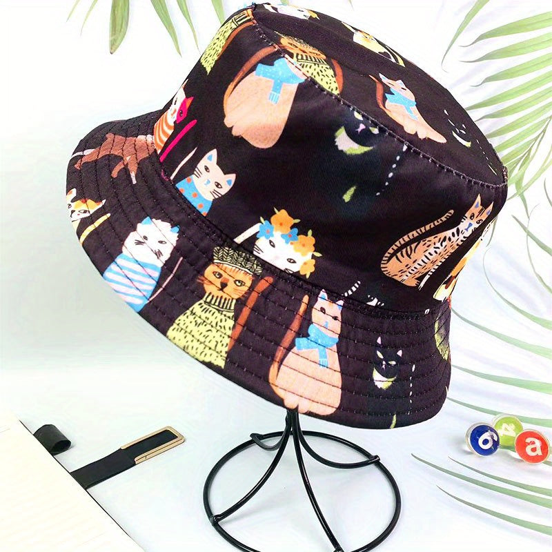 Parent child Style Kitten Graffiti Double sided Wearing Foldable Bucket Hat