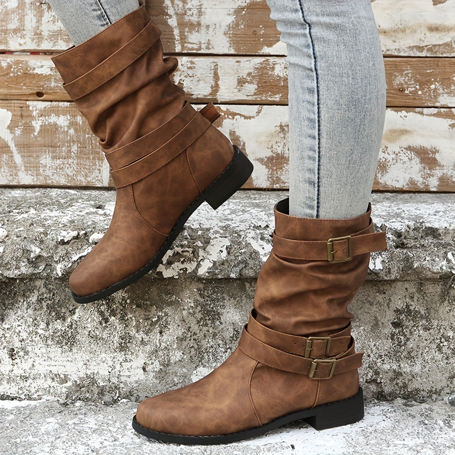 Women's Buckle Strap Chunky Heel Cowboy Boots