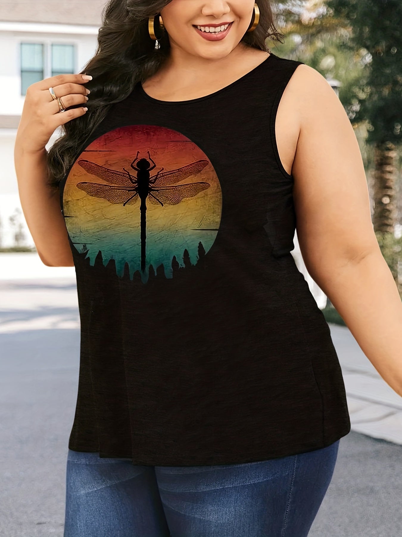 Dragonfly Print Round Neck Plus Size Tank Top